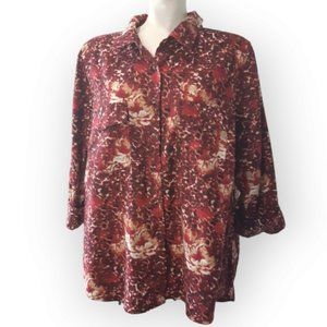 Penningtons red fire flower boho print soft button up top with pockets 1X